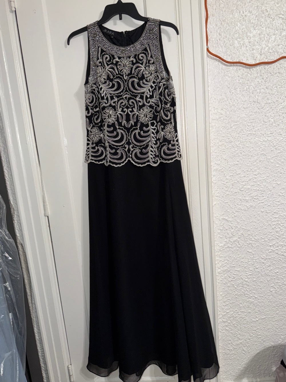 JKARA Embellished Black Evening Dress with Silver Beaded Bodice